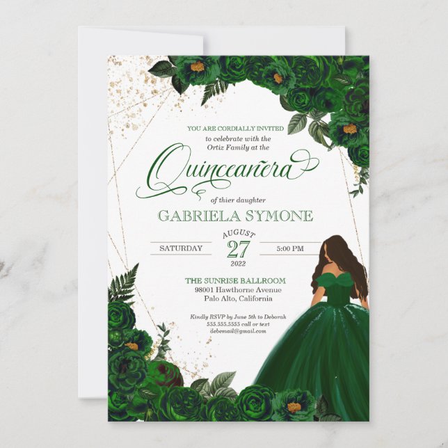 Invitación Rosas selectos verde esmeralda y 2 quinceanera (Anverso)