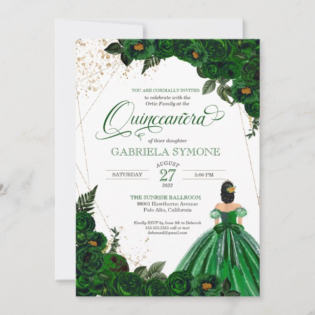Invitación Rosas selectos verdes de esmeralda y la quinceaner (Anverso)