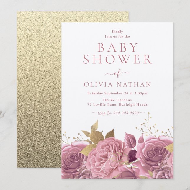 Invitación Rosas Shimmer Rosa Floral Baby Shower (Anverso / Reverso)