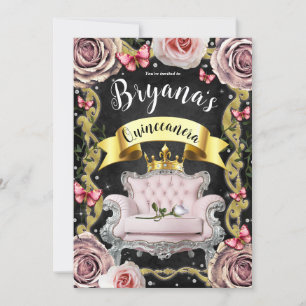 Invitación Rosas Sillas Rosadas Mariposas 15 15 Quinceañera