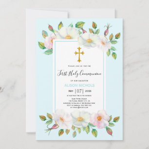 Invitación Rosas silvestres blancas florales azul pálido Prim