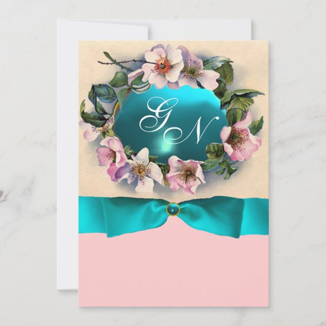 INVITACIÓN ROSAS SILVESTRES CON CINTA AZUL TURQUESA, MONOGRAM (Anverso)