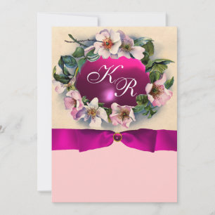 INVITACIÓN ROSAS SILVESTRES CON LAZO ROSA, MONOGRAMA