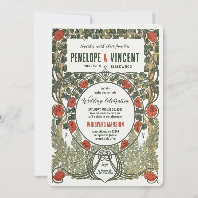 Invitación Rosas silvestres invitan al marco Art Nouveau (Anverso)