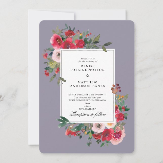 Invitación Rosas silvestres y gris lavanda (Anverso)