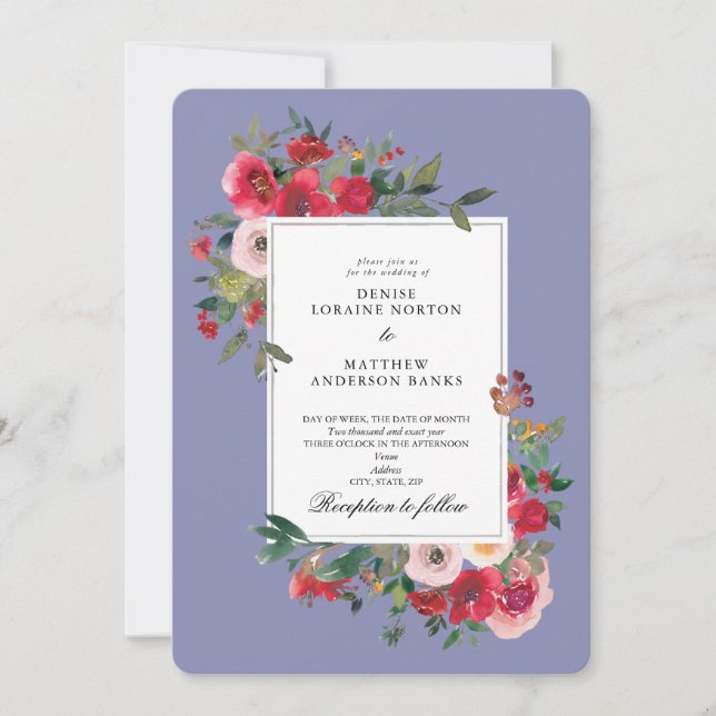 Invitación Rosas silvestres y violeta persa (Anverso)