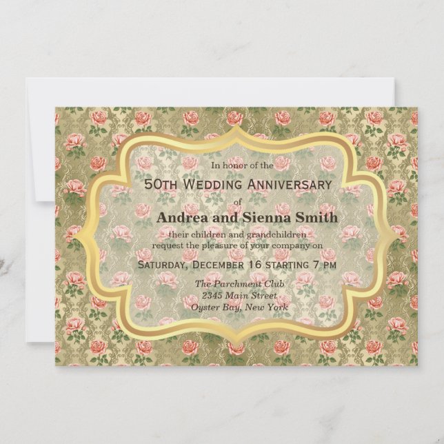 Invitación Rosas sobre oro antiguo Aniversario (Anverso)