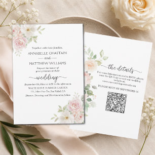 Invitación Rosas Soft Blush Todo en Un Código QR Boda 