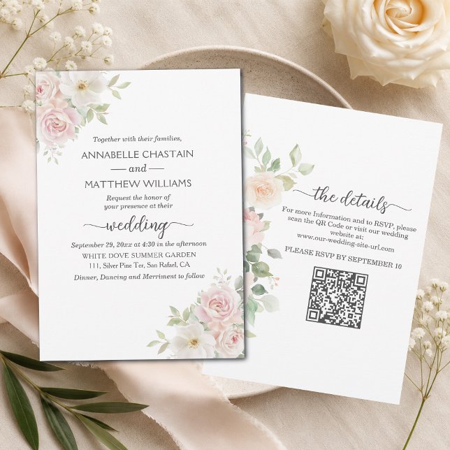 Invitación Rosas Soft Blush Todo en Un Código QR Boda  (Subido por el creador)