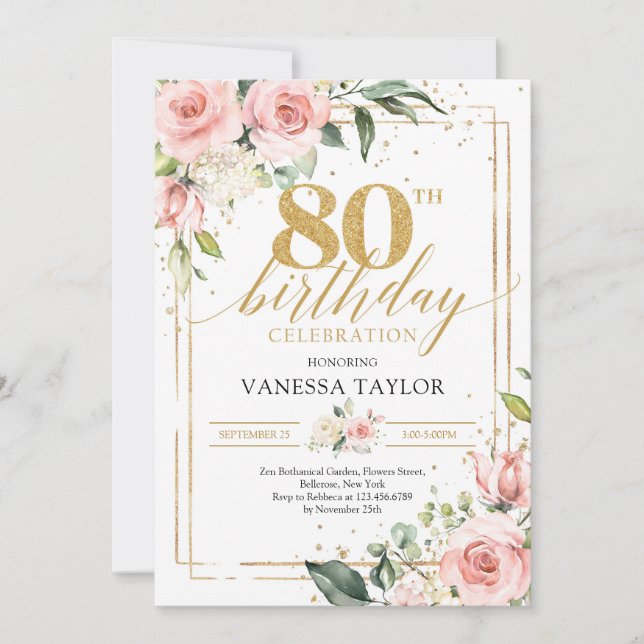 Invitación Rosas sonrojadas boho flores eucalipto 80 cumpleañ (Anverso)
