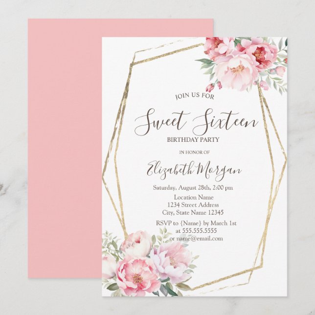 Invitación Rosas Sonrojadas Marco Dorado Dulces 16 (Anverso / Reverso)