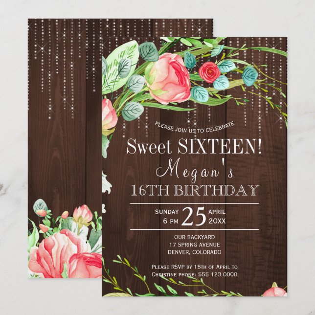 Invitación Rosas sonrosadas florales de primavera madera de g (Anverso / Reverso)