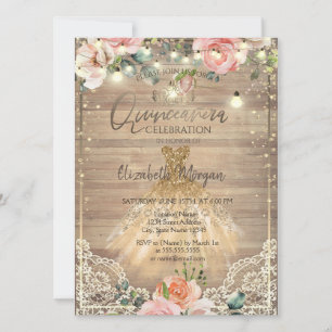 Invitación Rosas sonrosadas, tiara, luces, vestido Quinceañer