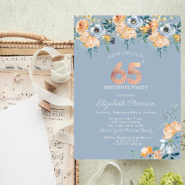 Invitación Rosas String Lights Dusty Blue 65th Birthday