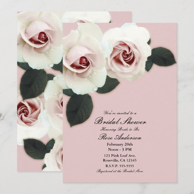Invitación Rosas suaves de color rosa salmón Elegante lluvia  (Anverso / Reverso)