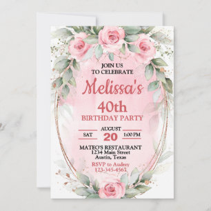 Invitación Rosas suaves de color rosa y verde salvia para cum