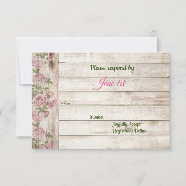 Invitación Rosas Suaves Rosadas & RSVP de Boda de Madera Camp (Anverso)