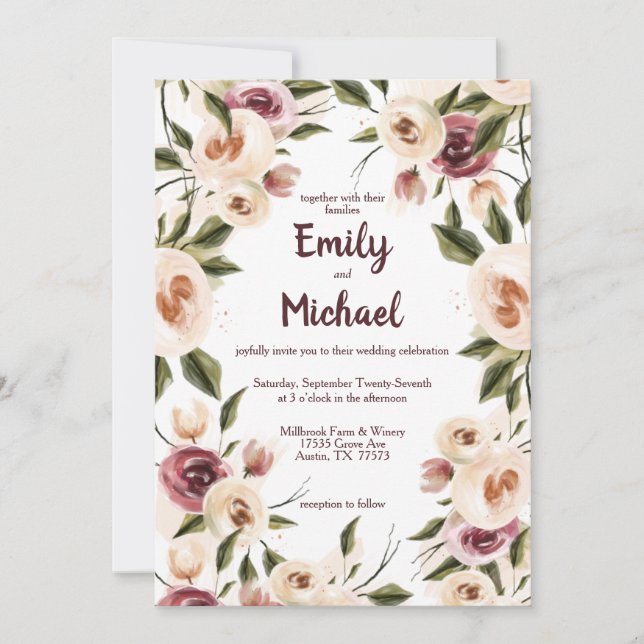 Invitación Rosas suaves y elegantes Boda de marco de crema bo (Anverso)