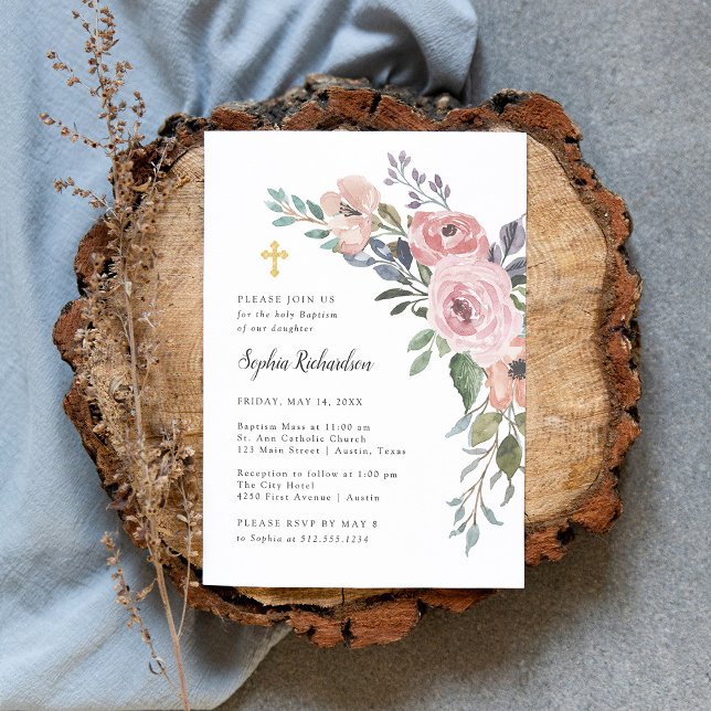 Invitación Rosas subsutiles de acuarela | Bautismo con cruz d (Subido por el creador)