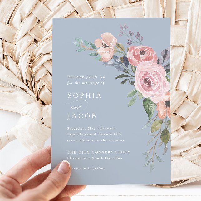 Invitación Rosas subsutiles de acuarela | Boda azul claro (A pretty floral spring wedding invitation)