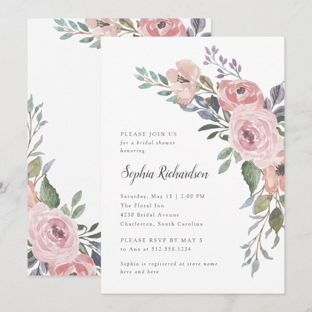 Invitación Rosas subsutiles de acuarela | Bridal Shower (Anverso / Reverso)