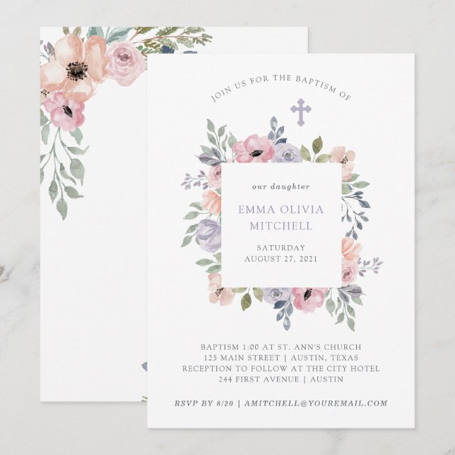 Invitación Rosas sutiles de la acuarela con bautismo de la (Anverso / Reverso)