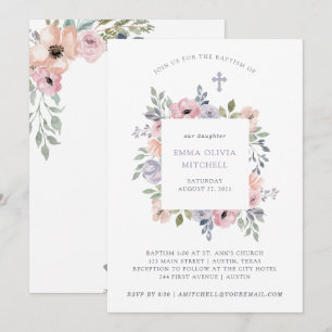 Invitación Rosas sutiles de la acuarela con bautismo de la