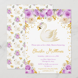 Invitación Rosas Swan Purple y Gold Baby Shower