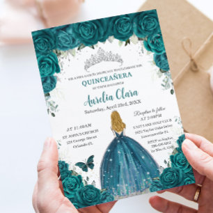 Invitación Rosas Teal Floral Rubia Princesa Quinceañera 16