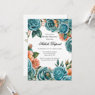 Invitación Rosas Teal y Bridal Shower Floral Naranja
