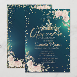 Invitación Rosas, Tiara de Oro, Diamantes Quinceañera Verde