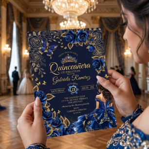 Invitación Rosas Tiara Dorada Azul Marino Quinceañera