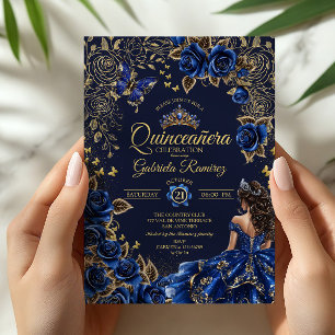 Invitación Rosas Tiara Dorada Azul Marino Quinceañera