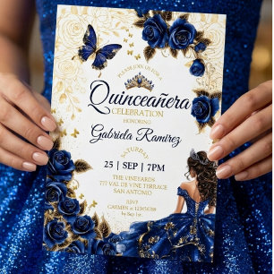 Invitación Rosas Tiara Dorada Quinceañera Azul Real