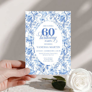 Invitación Rosas Toile Azul Polvoriento Cumpleaños 60 Digital