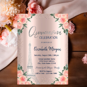 Invitación Rosas,Torre Eiffel,Flores,Quinceañera de oro rosa