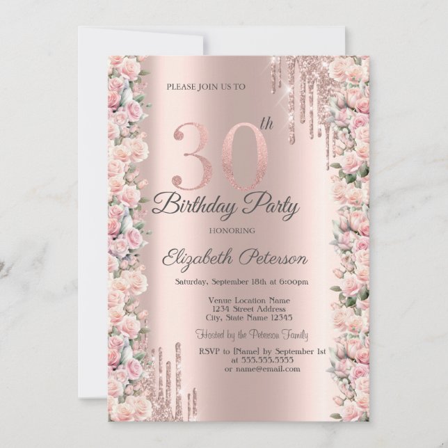 Invitación Rosas tramas perforaciones Rosa Oro 30 cumpleaños (Anverso)
