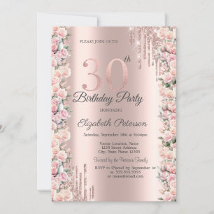 Invitación Rosas tramas perforaciones Rosa Oro 30 cumpleaños
