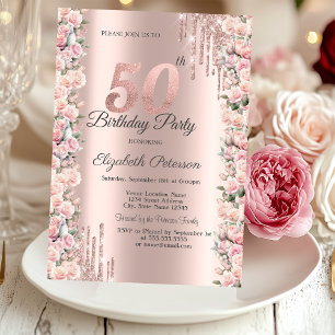 Invitación Rosas tramas perforaciones Rosa Oro 50 cumpleaños
