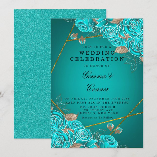 Invitación Rosas turquesa Boda geométrico de oro (Anverso / Reverso)