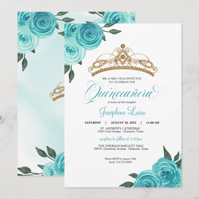 Invitación Rosas turquesa Golden Tiara Quinceañera Cumpleaños (Anverso / Reverso)