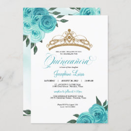 Invitación Rosas turquesa Golden Tiara Quinceañera Cumpleaños