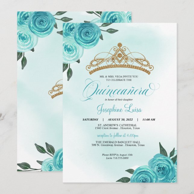 Invitación Rosas turquesa Golden Tiara Quinceañera Cumpleaños (Anverso / Reverso)