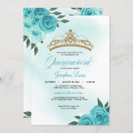 Invitación Rosas turquesa Golden Tiara Quinceañera Cumpleaños