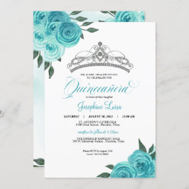 Invitación Rosas turquesa Silver Tiara Quinceañera Cumpleaños