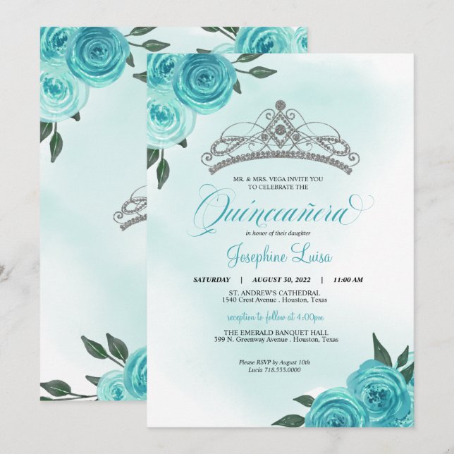 Invitación Rosas turquesa Silver Tiara Quinceañera Cumpleaños (Anverso / Reverso)
