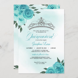 Invitación Rosas turquesa Silver Tiara Quinceañera Cumpleaños