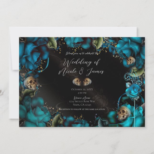 Invitación Rosas Turquesa Verde Esmeralda Calaveras Boda Góti (Anverso)