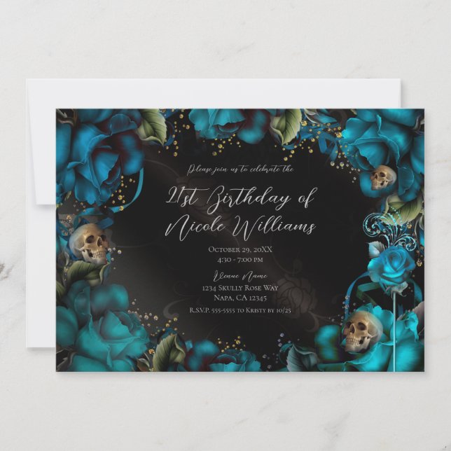 Invitación Rosas Turquesa Verde Esmeralda Calaveras Fiesta de (Anverso)