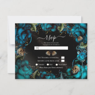 Invitación Rosas Turquesa Verde Esmeralda Calaveras RSVP Boda